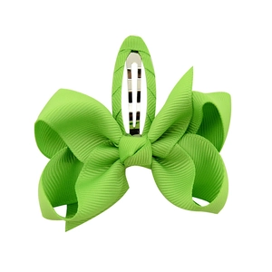 Green grosgrain ribbon bow hair clip with fabric wrapped metal snap clip for girls