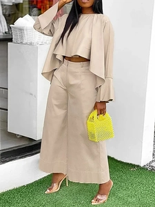 Women's warm khaki two-piece set featuring long sleeve crewneck top and wide leg trousers