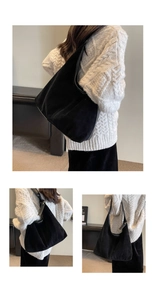 Three-way view of a black suede large tote bag styled as a shoulder and handbag