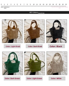 Detail view of woven bucket bags in six colors with drawstring lining and round handles