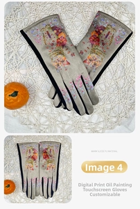 Detailed view of warm suede touchscreen gloves with grey floral 3D oil painting design