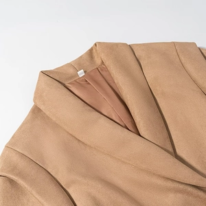 Front view of khaki faux suede jacket for women with lapel collar and slim waist design
