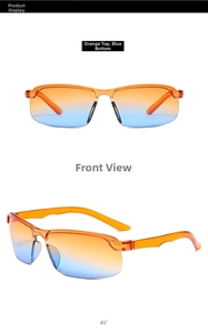 Macro detail of rimless sports sunglasses with orange and blue gradient lenses