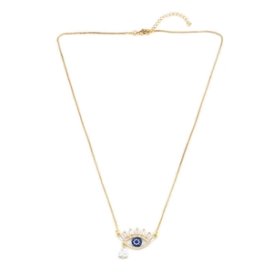 Gold Evil Eye necklace with blue zircon center and teardrop pendant on white background