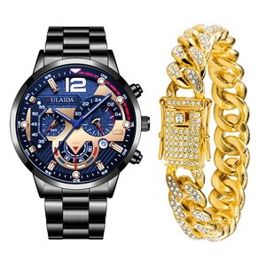 Set orologio da polso al quarzo uomo e bracciale maglia cubana dorata, acciaio.