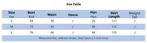 Tableau des tailles pour robe dos nu à col en V avec mesures du buste de la taille et longueur
