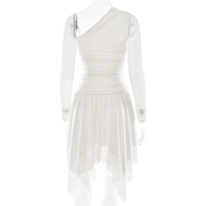 Detail of white one-shoulder dress featuring ruffled waist and sheer mesh asymmetric hem