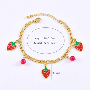 Detail of strawberry enamel bracelet with 16cm plus 3.5cm adjustable chain and gold finish