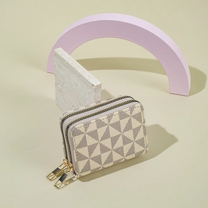 Minimalist beige and brown geometric patterned accordion card holder with double zippers