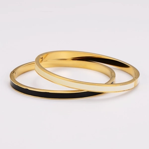 Minimalist gold plated stainless steel enamel bangles in black and cream white colors
