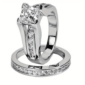 Classic princess cut zircon wedding ring set in silver finish with channel set accents