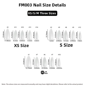 Detailed size chart for press-on nails in XS, S, and M with precise length and width info