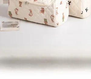 Detail of cream quilted makeup bag featuring vintage bear prints and zipper closure