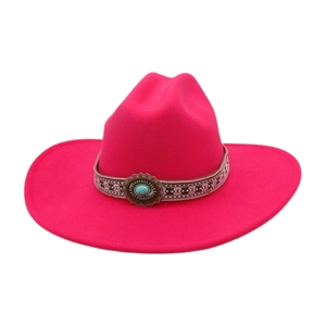 Detail of rose red western cowboy hat with ethnic woven band and turquoise stone accent