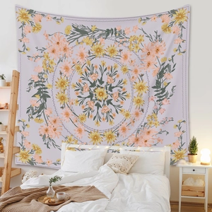 Detailed texture of lavender mandala floral tapestry hanging on a cozy bedroom wall