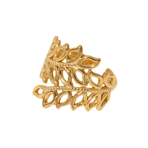 Adjustable 18K gold plated stainless steel ring with hollow leaf pattern on white background