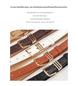 Detail of five slim PU leather belts with gold buckles in black, brown, and white colors