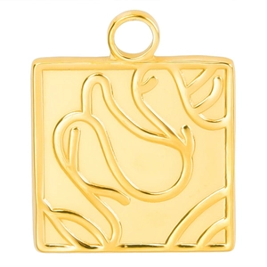 Square stainless steel pendant with abstract embossed pattern in 18k gold plating