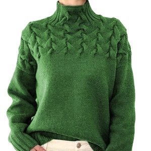 Women's green cable-knit turtleneck sweater with long sleeves on a white background