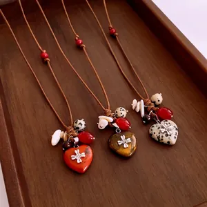 Collier Pendentif Pierre De Coeur Vintage Cordon De Cire Perles De Bois Ethnique Bohème Chaîne De Pull Longue Tissée À La Main Femme