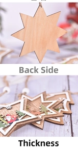 Detail view of the wooden star ornament back texture and thickness with jute rope hanger