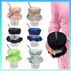 Detail showing elastic coral fleece hairbands in six colors for face washing