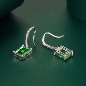 Elegant emerald green square zircon earrings with S925 silver hooks for women
