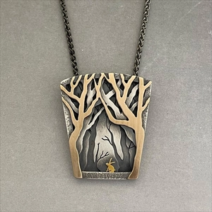 Retro stainless steel necklace with rectangular tree and rabbit pendant in two-tone finish