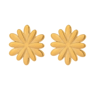 Vintage textured golden flower petal stainless steel stud earrings for women on white background