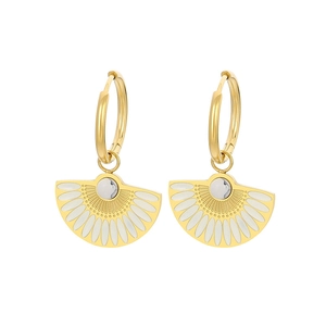 Retro fan-shaped drop oil earrings in gold with white enamel and marble-patterned beads