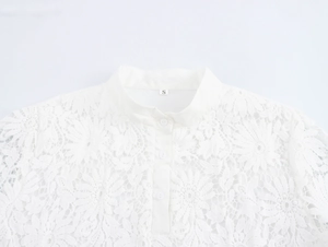 Close-up of elegant floral lace texture with a small stand collar and buttons