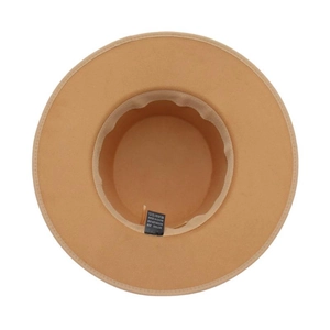 Detail view of khaki wool felt hat interior showing 65% cotton and 35% polyester label