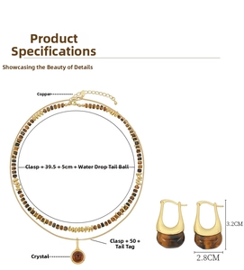 Detailed view of French vintage tiger eye beaded necklace with round crystal pendant set