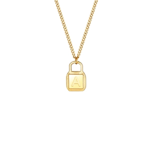 Golden necklace featuring a lock-shaped pendant with embossed letter A on white background
