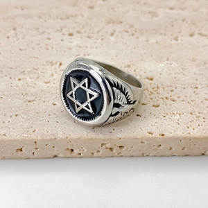 Vintage roestvrijstalen zegelring met hexagram en adermotief op steen
