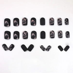 24pcs matte leopard print and black short round press-on nails for a bold stylish look