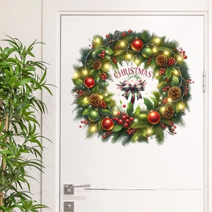 Christmas wreath wall sticker with pine cones and red berries on a white modern door