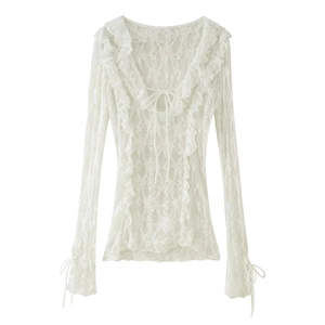 Sexy Lace Blouse V-Neck Ruffle Long Sleeve Bow Tie Front Slim Fit Sheer Elegant Top For Women