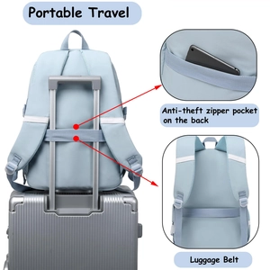 Detail showing the anti-theft zipper pocket and luggage belt on the blue travel backpack