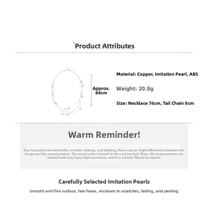Detailed view of multilayer pearl necklace showing material specs and length measurements