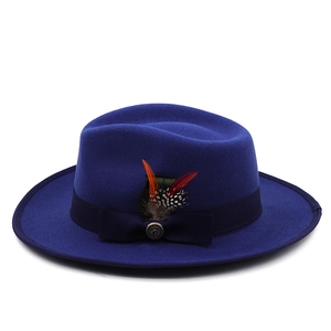 Detail of royal blue fedora hat with satin ribbon, vintage badge and colorful feathers