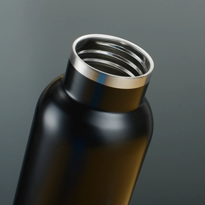 Macro detail of the wide-mouth opening and smooth stainless steel edge of the black sport flask