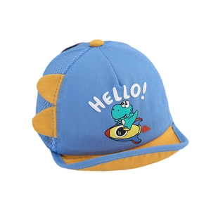 Blue and yellow baby dinosaur mesh cap with Rocket Hello print and 3D dinosaur fins