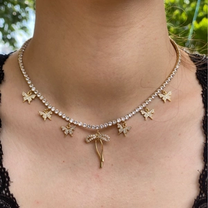18k gold plated tennis chain necklace featuring zircon butterflies and horn devil eye pendant