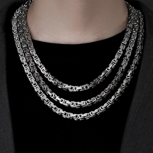 Three-piece silver stainless steel Byzantine chain set for men street style look