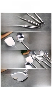 Dettaglio macro del manico cavo ergonomico su una spatola in acciaio inossidabile lucido