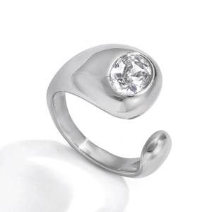 Minimalist silver stainless steel open ring with a single bezel-set round zircon stone