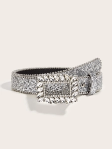 Detail of silver sequined belt with ornate square buckle featuring large marquise rhinestones