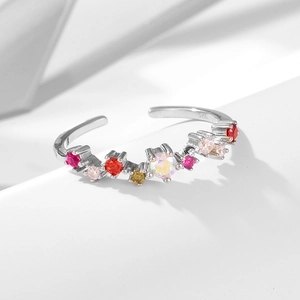 925 sterling silver adjustable open ring with colorful round zircon gemstones