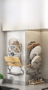 Wall-mounted corner kitchen rack for pot lids and cutting boards with drain tray
